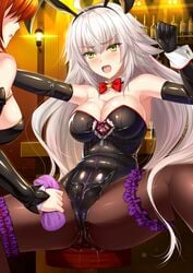 2girls blush bodysuit breasts bunny_ears bunnysuit elbow_gloves fate/grand_order fate_(series) female female_only fujimaru_ritsuka_(female) gloves jeanne_alter latex latex_gloves multiple_girls orange_hair shibata_rai shiny shiny_skin skin_tight spread_legs washing wet white_hair yellow_eyes