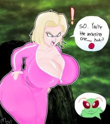 about_to_burst android android_18 barely_contained barely_contained_breasts barely_fits big_breasts blonde_hair breasts_bigger_than_head breasts_too_big dragon_ball_super dragon_ball_z imminent_wardrobe_malfunction insects pink_clothes strained_zipper themoll thick_thighs tight_fit too_tight tournament_of_power undersized_clothes undersized_clothing zipper