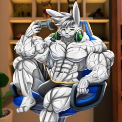 abs anthro bed biceps big_muscles bulge chair clothed clothing controller electronics fur furniture game_controller genitals hair headgear headphones headphones_around_neck hi_res holding_controller holding_game_controller holding_object huge_muscles hyper hyper_muscles lagomorph leporid looking_at_viewer male mammal muscular muscular_arms on_chair partially_clothed pecs pose rabbit shelf sitting sitting_on_chair solo speedo swimwear taiko-sihori thick_thighs underwear vein veiny_arms veiny_muscles white_body white_fur white_hair yellow_eyes