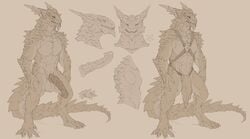 2019 abs animal_genitalia animal_penis anthro balls barefoot big_balls big_muscles big_penis claws clothing digitigrade dragon ear_frills equine_penis erection frill grin harness hi_res horn horsecock huge_balls huge_cock lizardman loincloth looking_at_viewer male model_sheet monochrome muscular nude oouna pecs penis pose realistic reptile scales scalie simple_background sketch smile solo spikes thick_tail toe_claws