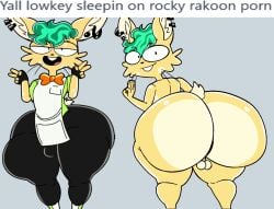 anthro benny_(rocky_rakoon) big_ass bowtie bunny_ears curly_hair curvy_figure femboy fluffy_tail fully_clothed furry furu_flami gay gray_background green_hair huge_ass hyper_ass lagomorph leporid looking_at_viewer male mammal meme naked peace_sign rabbit rocky_rakoon rocky_rakoon_(artist) simple_background smiling solo text thick_thighs yellow_fur