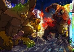 4_toes 5_fingers abs accipitrid accipitriform anthro avian balls beak bearded_vulture biped bird brown_body brown_fur building building_destruction carpo city city_background city_crushing city_destruction cityscape claws destruction duo erection extreme_size_difference feathered_wings feathers feet finger_claws fingers fire fur genitals gryphon hi_res house humanoid_genitalia humanoid_penis landscape_dwarfing light macro macro_anthro macro_male male muscular muscular_anthro muscular_male mythological_avian mythological_creature mythology night nude old_world_vulture open_mouth outside pawpads paws pecs penile penis rampage river sergey_(abiki) ship size_difference sky smile stomping tail tatugon toe_claws toes vehicle vehicle_destruction vein veiny_penis vulture watercraft wings