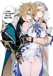 1boy 1girls bare_shoulders blonde_hair blue_eyes blush breasts censored detached_sleeves dress english_commentary english_text eriimyon facial_mark female genshin_impact grabbing_from_behind groping hat highres hoyoverse hug hug_from_behind long_hair male mihoyo nicole_reeyn_(genshin_impact) open_mouth pussy_juice scar scar_on_face speech_bubble straight varka_(genshin_impact) white_dress white_hat