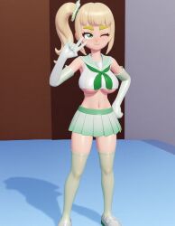 ai_generated big_breasts blonde_hair crop_top elbow_gloves green_eyes green_skirt light_green_clothing loafers original_character rubikmaniac serafuku side_ponytail simple_background tagme thick_eyebrows thighhighs underboob white_gloves yellow_eyebrows