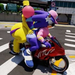 3d 3d_(artwork) 5_toes barefoot bart_simpson big_ass big_ass_(male) big_butt big_butt_(male) blender blender_(software) blender_cycles bubblegum feet gay male male/male male_only motorcycle outdoors outside render sonic_the_hedgehog sparkliiastor virgin_killer_sweater yaoi