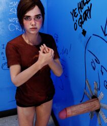 1boy 1girls ellie_(the_last_of_us) ellie_williams female freckles glory_hole legs male pantsless penis petite red_shirt shirt standing tagme the_last_of_us thighs untagged
