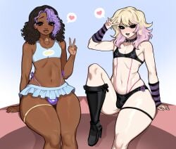 2boys 2femboys alternate_version_available black_skin blonde_hair blue_and_pink_hair blue_eyes brown_eyes brown_hair bulge bulge_through_clothing bulge_under_clothes choker clothing curly_hair dark-skinned_femboy dark-skinned_male dark-skinned_sissy dark_blue_eyes dark_hair dark_skin dyed_hair eyeliner femboy femboys gay lavender_hair light-skinned_femboy light-skinned_male light_skin make_up male male_only multicolored_hair necklace nonsenseatnight peace_sign pink_hair pink_highlights purple_hair skirt small_pants small_shirt small_skirt thick_thighs thigh_strap tiny_shirt tiny_skirt two-tone_hair v white_skin yaoi