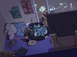 anal anal_sex argon_vile ass bag_of_chips bean_bag bedding bedroom big_butt blanket butt_sniffing cellphone cellphone_charger computer controller dark_room door electronics face_in_ass feet futon game_controller gaming generation_4_pokemon head_up_your_own_ass hi_res imp-print_text joycon_controller laptop male nintendo nintendo_controller nintendo_switch nintendo_switch_2 on_bean_bag penetration phone pillow playing_video_game pokemon pokemon_(species) poster riolu snack sniffing soda_bottle solo sound_effects tail television