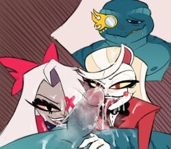 amphibian angel anthro blush bodily_fluids bukkake catsnotart charlie_morningstar charlie_morningstar_(hazbin_hotel) cum cum_drip cum_in_mouth cum_inside cum_on_face cum_on_hand cum_on_penis demon dripping ejaculation erection face_in_crotch female flat_colors frog genital_fluids genitals group hazbin_hotel hellaverse hi_res high-angle_view humanoid licking looking_at_viewer male male/female nude oral penis threesome tongue trio vaggie_(hazbin_hotel)