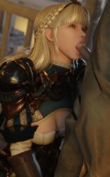 1boy 1girls 3d armor armored_female bdo black_desert black_desert_online blender blonde_hair blowjob blue_eyes cleavage cleavage_cutout female female_focus french_braid ingame_model long_gloves male male_out_of_frame notablyfishy oral oral_sex penis penis_in_mouth savior_(black_desert) seraph_(black_desert) sucking sucking_penis