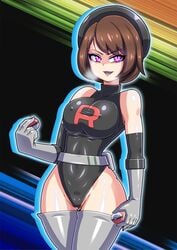 1girls alternate_outfit bodysuit breasts brown_hair clothed cosplay enemy_conversion female female_only gloria_(pokemon) gloves hat human nintendo no0o0n0o0on pokemon pokemon_rgby pokemon_ss pokemon_usm purple_eyes team_rocket team_rocket_uniform thick_thighs thigh_gap thighhighs wide_hips