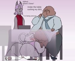 2026 accessory anthro ball_fondling balls bat belly_overhang big_butt blush bodily_fluids butt canid canine canis cat_diana_(oxkingky) cum cum_in_mouth cum_inside dialogue domestic_cat domestic_dog eating ejaculation felid feline felis fellatio female fondling fur genital_fluids genitals group huge_butt humanoid_genitalia humanoid_penis loose_tie male male/female mammal necktie obese obese_anthro obese_female obese_male oral overweight overweight_anthro overweight_female overweight_male oxkingky pawpads penile penis public public_sex sex stealth_sex sweat sweaty_butt trio under_table under_table_oral vulva white_body white_fur wilfred_(oxkingky)