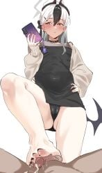1boy 1girls absurdres barefoot black_choker black_nails black_panties blue_archive brown_cardigan cardigan cellphone_charm charm_(object) choker commentary cum demon_horns demon_wings double-parted_bangs ear_piercing ejaculation english_commentary female footjob highres holding holding_phone horns kayoko_(blue_archive) kayoko_(dress)_(blue_archive) looking_at_phone male malesub multicolored_hair niyoukoso official_alternate_costume panties penis phone piercing red_eyes stepped_on taking_picture uncensored underwear white_hair wings