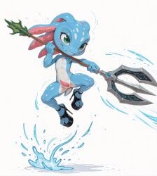 1boy action_pose ai_generated amphibian crossdressing fizz_(lol) high_heels jumping league_of_legends male motion_lines penis platform_heels tapering_penis trident