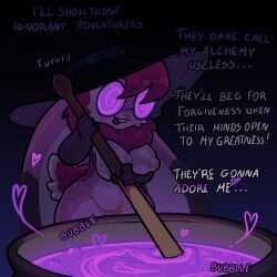 alchemist anthro belly big_breasts breasts cauldron cheek_tuft clothing eyewear facial_tuft female fluffy fluffy_tail fur glasses hat headgear headwear lagomorph leporid long_ears love_potion magic_user mammal nipples onomatopoeia pink_body pink_fur potion puffy_nipples rabbit solo sound_effects spiral_glasses staff standing tail text tuft witch witch_hat wrea_(xonn) xonn