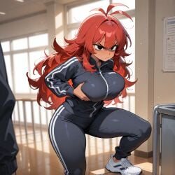 1girls ai_generated antenna_hair bachatota_(character) black_eyes breasts doomposting doomverse red_hair tan_body tan_skin track_suit tracksuit