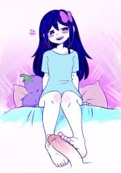 5_toes aubrey_(headspace) aubrey_(omori) barefoot bow bra_strap clothed feet footjob miss_makima omori on_bed plushie precum ribbon sitting_footjob sitting_on_bed