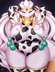 2022 animal_print anthro areola areola_slip big_breasts blue_areola blue_eyes blue_nipples blush breasts clothed clothing cow_print cow_print_armwear cow_print_leotard cow_print_thighhighs cowbell crown curvy_figure dragon fake_ears fake_horns female fur gem generation_5_pokemon hair hands_behind_head headgear hi_res legendary_pokemon looking_at_viewer mythological_creature mythological_scalie mythology nintendo nipple_slip nipples overweight pokemon pokemon_(species) portrait raised_arm reshiram scalie shibaemonxsk solo standing thick_thighs three-quarter_portrait tiara verity_(e1lumi) voluptuous white_body white_fur wide_hips