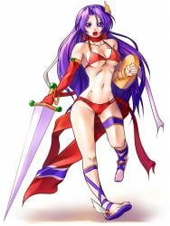 1girls athena_(series) athena_asamiya big_breasts bikini breasts busty cleavage feet female female_only gloves highres king_of_fighters large_breasts legs long_hair looking_at_viewer navel open_mouth princess_athena purple_eyes purple_hair red_bikini serious shield single_glove snk solo swimsuit sword thighs tongue very_long_hair voluptuous weapon