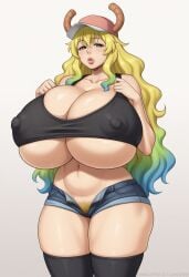 1girls ai_generated ambrose breasts_bigger_than_head bursting_breasts dragon_girl gigantic_breasts green_eyes hat horns long_hair micro_shorts milf miss_kobayashi's_dragon_maid multicolored_hair nipple_bulge pubic_hair quetzalcoatl_(dragon_maid) self_upload stable_diffusion tank_top thick_lips thick_thighs thighhighs tight_clothing wide_hips