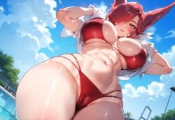 1female 1girl 1girls ai_generated animal_ears big_breasts bikini bikini_bottom bikini_top breasts cameltoe cloud cur curvy curvy_figure female from_below league_of_legends midriff miyuai navel pool red_hair riot_games sky solo solo_female solo_focus swimsuit swimwear vastaya wet wet_body wet_skin xayah