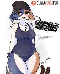 absurd_res anthro arm_tuft beanie breasts camel_toe cat_ears cat_tail catgirl chest_tuft clothing countershading dialogue felid feline felis female fortnite hat headgear headwear hi_res mammal meow_skulls_(fortnite) nipple_piercing nipples olivialovesfur open_mouth piercing shoulder_tuft solo tail tail_motion tailwag tuft