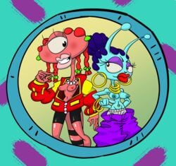 2girls alien antennae big_lips blue_hair blue_skin breasts earrings eyeshadow female kythos latisha lewanda lips navel_ring necklace one_eye pink_lips red_lips red_skin toejam_and_earl topless twintails