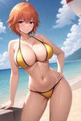 1girl ahoge ai-created ai_generated ane_to_osananajimi_wa_naka_ga_ii! ass_visible_through_thighs bare_arms bare_shoulders beach beach_umbrella bikini black_trim blue_sky blush breasts brown_hair cleavage closed_mouth cloud collarbone contrapposto cowboy_shot day female halterneck hand_on_own_hip large_breasts looking_at_viewer navel ocean orange_hair outdoors pixiv red_eyes rena_aikawa_(pixiv_user) short_hair skindentation sky smile solo stable_diffusion standing stomach string_bikini swimsuit takahashi_mitsuki thighs umbrella water wet yellow_bikini