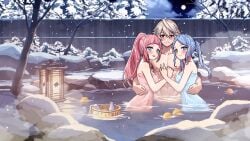 1boy 2girls absurd_res arms_around_partner arms_around_waist bath_towel blue_eyes blue_hair blush breasts clouds corrin_(fire_emblem) corrin_(fire_emblem)_(male) fangs felicia_(fire_emblem) fire_emblem fire_emblem_fates flora_(fire_emblem) hand_on_chest hot_spring lantern looking_at_viewer moon muscles naked_male naked_male_with_half_naked_female night nipples onsen pink_hair pointy_ears ponytail red_eyes rein_creamsoda sisters smile snow snowing spiky_hair steam towel trees twin_sisters twintails wet_body white_hair wooden_fence