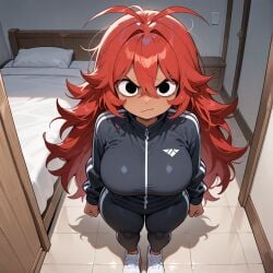 1girls ai_generated antenna_hair bachatota_(character) black_eyes breasts doomposting doomverse red_hair tan_body tan_skin track_suit tracksuit