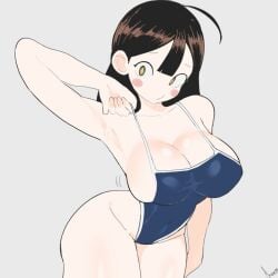 1girl 1girls ahoge akisas99 arm_above_head arm_up armpit armpit_crease armpit_peek armpits background big_boobs big_breasts bikini blank_background blue_bikini blue_one-piece_swimsuit blue_swimsuit blue_swimwear breasts brown-eyed_female brown-haired_female brown_eyebrows brown_eyes brown_hair busty busty_female busty_girl closed_mouth_smile curvaceous curvaceous_body curvaceous_female curvaceous_figure curvaceous_hips curvy curvy_body curvy_female curvy_figure curvy_hips hairless_armpits hand_above_head hand_up head_tilt hourglass_figure huge_boobs huge_breasts inguinal_crease inguinal_ligament large_boobs large_breasts lean_figure legs_closed legs_together monotone_background narrow_waist nervous nervous_expression nervous_face nervous_female nervous_smile oc one-piece_swimsuit one_color_background original original_art original_artwork original_character original_female_character plain_background plump_breasts presenting_armpit school_swimsuit shaved_armpits shy shy_expression shy_female shy_girl shy_smile slender_body slender_waist slim_female slim_waist smile smiley_face smiling smiling_at_viewer solid_color_background sukumizu swimsuit swimwear thighs_together tilted_head white_background wide_hips