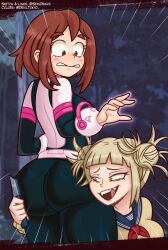 2girls ass ass_awe ass_worship big_breasts blonde_female blonde_hair bodysuit breasts brown_eyes brown_hair clothed_female colored deviltokyo double_bun face_against_ass female_face_near_ass female_only head_on_ass hero_outfit_(mha) himiko_toga knife my_hero_academia ochako_uraraka semidraws short_hair surprised tight_clothing togaraka yellow_eyes yuri