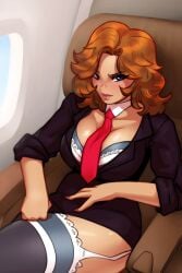 1girls 7_angels airplane airplane_interior areolae avaritia_(7_angels) blouse blue_eyes blush breasts breasts_out business_suit business_woman collar detached_collar dress_shirt erect_nipples exposed_breasts female_only half-closed_eyes lace-trimmed_thighhighs large_breasts light-skinned_female long_hair looking_at_viewer nail_polish naughty_face necktie necktie_between_breasts nipples nutaku office_lady orange_hair pencil_skirt puffy_nipples seductive solo spread_legs suit wavy_hair white_skin