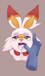 2019 after_oral ambiguous_gender anthro cum cum_in_mouth cum_inside cum_on_tongue disembodied_hand eye_contact fellatio finger_in_mouth hypnoeyes looking_at_viewer mawplay nintendo nude open_mouth oral pokémon_(species) pokemon pokemon_ss pov scorbunny simple_background solo tongue video_games