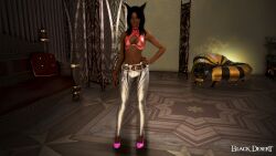 3d arab_female arabian_female bdo beurette black_desert black_desert_online black_hair commentary_request dark-skinned_female dog_ears exposed game_screenshot irl_character navel pink_heels red_topwear shiny_leggings yourbdoslave