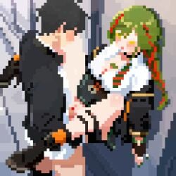 1boy 1boy1girl 1female 1girls carrying carrying_partner clothed clothed_sex female green_hair nutaku outdoors pixel_art project_qt sex tiffany_(project_qt) vaginal_penetration