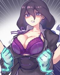 1girls 2025 bra breasts breasts_out cleavage ear_piercing earrings female female_only ghost_hands hex_maniac hex_maniac_(z-a) highres large_breasts light-skinned_female light_skin lingerie nintendo npc_trainer pokemon pokemon_legends:_z-a purple_eyes purple_hair sher_(imnotsher) solo swirly_eyes torn_clothes wardrobe_malfunction