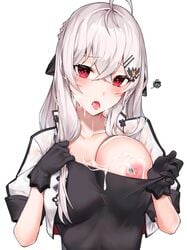 anparu areolae bangs barcode black_gloves black_shirt blush breasts commentary cropped_jacket crossed_bangs cum cum_in_mouth cum_on_body cum_on_upper_body eyebrows_visible_through_hair female girls'_frontline gloves hair_between_eyes hair_ornament hair_ribbon hairclip iws-2000_(girls'_frontline) long_hair looking_at_viewer military military_uniform nipples open_mouth red_eyes ribbon shirt shirt_pull sidelocks silver_hair simple_background solo squiggle uniform upper_body white_background