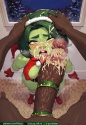 1boy 1girls ai_generated christmas christmas_outfit cock_ring dark-skinned_male disgust_(inside_out) green_skinned_female head_grab imminent_oral inside_out kisuco licking_penis monster_penis open_mouth smegma