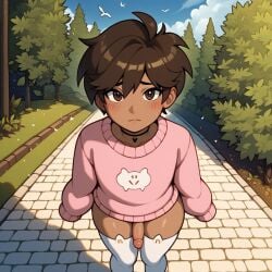 ai_generated anime_dork_boyfriend_meme anime_style blush brown_eyes brown_hair bubble_butt civitai dark-skinned_male erection fair_skin fat_ass femboy femboysub gay male male_focus male_only meme nervous penis penis_out pov short_hair size_difference sweater sweater_around_waist thick_thighs thigh_highs yaoi