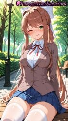 1girls 2025 ai ai_assisted ai_generated anime anime_style asian bangs bench blazer blue_skirt blush bow breasts brown_hair brown_jacket bush bust busty cleft_of_venus closed_mouth clothing collared_shirt day doki_doki_literature_club female female_focus female_only female_solo green_eyes hair_intakes hair_ribbon hairbow hentai hi_res high_quality high_resolution highres jacket lamppost large_breasts legwear long_hair long_sleeves looking_at_viewer medium_breasts miniskirt monika_(doki_doki_literature_club) natsuyoru neck_ribbon no_panties nopan one_eye_closed outdoors park_bench patreon pleated_skirt ponytail pussy pussy_peek red_ribbon ribbon school_uniform shirt sidelocks sitting sitting_on_bench skirt smile solo solo_female stable_diffusion sunlight thighhighs thighs tongue tongue_out tree uncensored vagina very_long_hair voluptuous voluptuous_female white_bow white_legwear white_ribbon white_shirt white_thighhighs wing_collar zettai_ryouiki