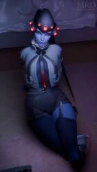 blizzard_entertainment blue_skin cosplay crossed_legs jacket jane_doe_(zenless_zone_zero)_(cosplay) long_hair moonroomoom overwatch overwatch_2 see-through shorts stockings transparent_clothing widowmaker zenless_zone_zero