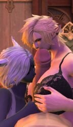 1boy 2girls big_breasts blonde_hair breasts_bigger_than_head cat_ears catgirl cock_worship earrings elezen elf elf_ears final_fantasy final_fantasy_xiv grey_skin huge_breasts huge_cock indoors kissing_penis miqo'te original_characters paizuri paizuri_under_clothes pale_skin pov self_upload titjob white_hair