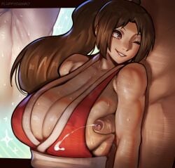 1boy absurdres armpit_sex armpits blush breasts brown_eyes brown_hair censored cleavage commentary cum ejaculation english_commentary fatal_fury female fluffydango highres large_breasts long_hair mai_shiranui mosaic_censoring one_eye_closed original paid_reward_available penis penis_to_breast ponytail shiranui_mai sideboob smile solo_focus straight sweat