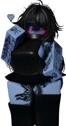 akya bangs bangs_over_eyes black_hair blue_body blue_skin dress fringe fringe_hair goth long_hair roblox roblox_avatar robloxian tattoo tattoo_on_arm tattoo_on_chest tattoo_on_legs tattooed_arm tattooed_leg tattoos thick_thighs thigh_highs thighhighs thighs turtleneck