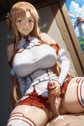 ai_generated asuna_(sao) big_ass big_breasts big_butt big_penis blue_eyes brown_hair cum cum_on_body cum_shot fucked_from_behind handjob heart-shaped_pupils hug_and_suck low-angle_view multiple_views shiny_skin skirt sword_art_online thick_ass thick_thighs thighhighs ul7990 yuuki_asuna