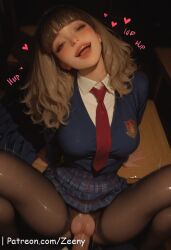 1boy 1girls ai_generated big_breasts blush brown_eyes brown_hair female female_on_cloth harry_potter hermione_granger hogwarts_student huge_cock looking_at_viewer open_mouth penis_in_pussy school_uniform skirt stockings student tears wavy_hair worried_expression zeeneee