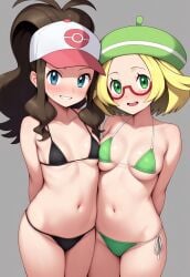 2girls ai_generated arms_behind_back bianca_(pokemon) bikini black_bikini blonde_hair blue_eyes brown_hair glasses green_bikini green_eyes happy hat hilda_(pokemon) hillnexai micro_bikini navel novelai petite petite_body petite_breasts petite_female pokemon pokemon_bw side_by_side small_breasts smile