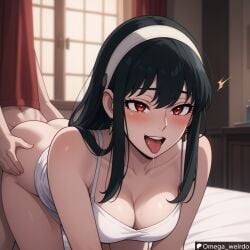 1girl1boy ahe_gao ahe_gao ahegao_face ai_generated bed bedroom bedroom_sex big_breasts black_hair blush cleavage doggy doggy_style doggy_style drooling female headband indoors_sex long_hair omega_weirdo open_mouth patreon red_eyes sex spy_x_family taken_from_behind tongue tongue_out yor_briar yor_forger