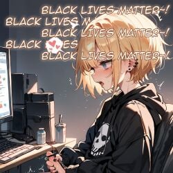 ai_generated black_lives_matter black_nails blonde_hair braindeadbetaboi cuckold english_text femboy male masturbation solo text